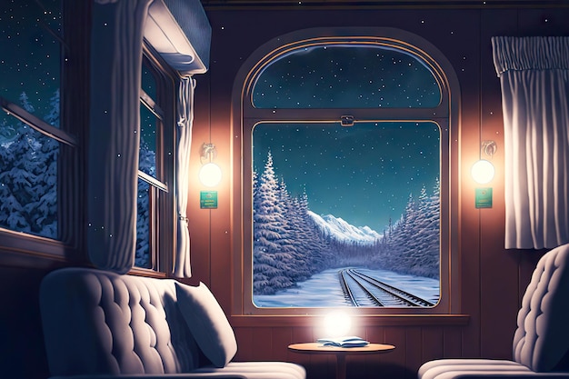 Beleuchtetes komfortables Polarexpress-Coupé mit Winterlandschaft