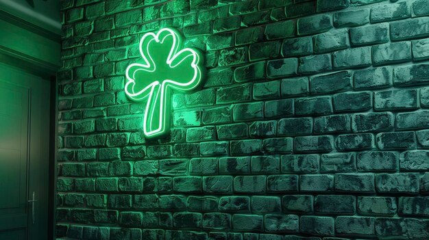 Beleuchtetes Neonschild zum St. Patrick's Day auf einer textierten grünen Ziegelsteinmauer