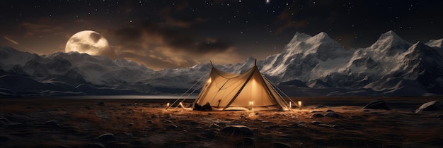 Beleuchtetes Zelt im Mondlicht in gebirgigem Gelände