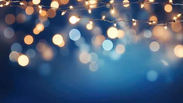 Beleuchtung und Dekoration Feiertagskonzept Weihnachtsgirlande Bokeh-Lichter auf blauem Hintergrund