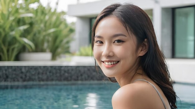 Beleza asiática dentro da piscina
