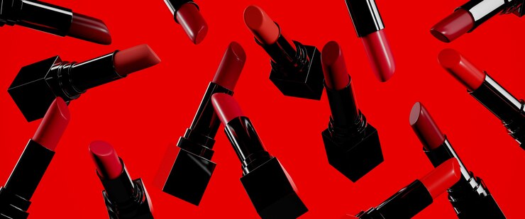 Beleza. Batons de cor vermelha closeup no vermelho. Ilustração de renderização 3D.