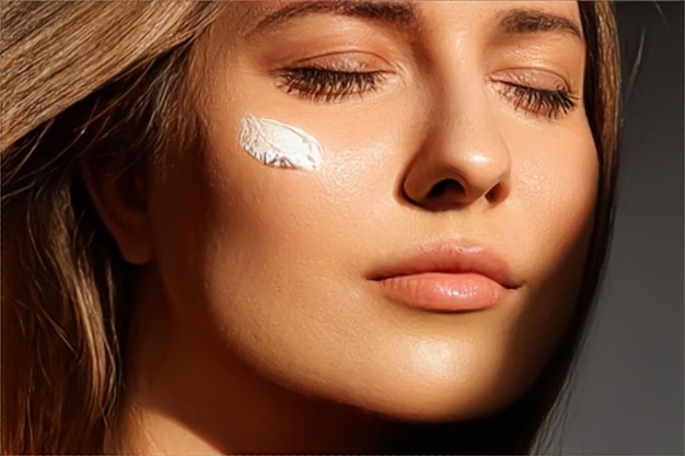 Beleza bronzeado spf e skincare cosméticos modelo rosto retrato mulher com creme hidratante protetor solar