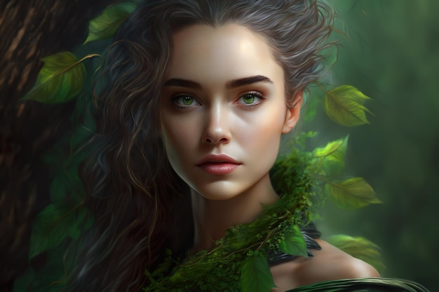 Beleza cativante - uma elegante garota turca com olhos verdes em um vestido verde gerado por IA