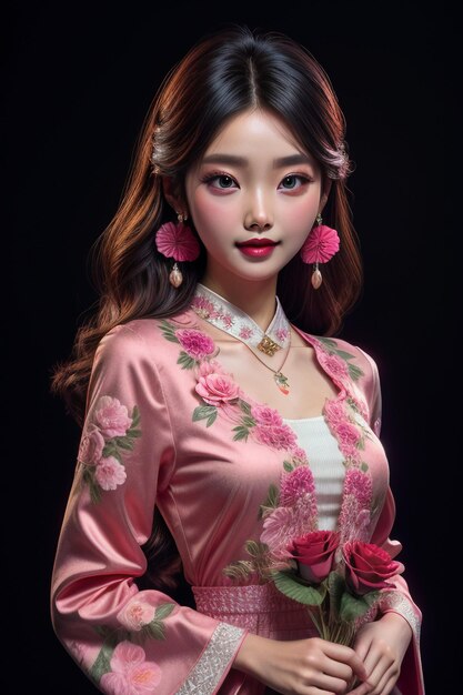 Beleza chinesa oriental tradicional clássica linda garota vestindo cheongsam segurando flor rosa