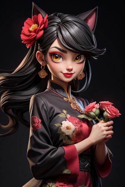 Foto beleza chinesa oriental vestindo roupas clássicas vermelhas segurando flores estilo anime de desenho animado