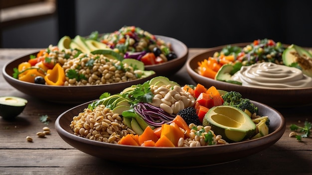 Foto beleza da alimentação baseada em plantas com um prato de comida vegetal cheio de tigelas veganas vibrantes com uma variedade