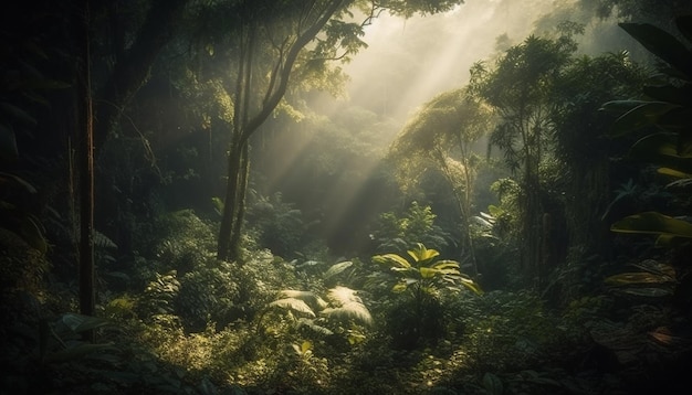 Beleza da floresta tropical na névoa misteriosa da natureza gerada pela IA