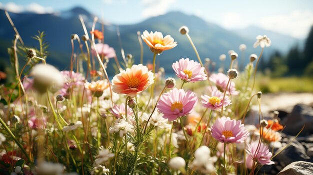 Beleza da natureza no prado de verão com flores silvestres em fundo