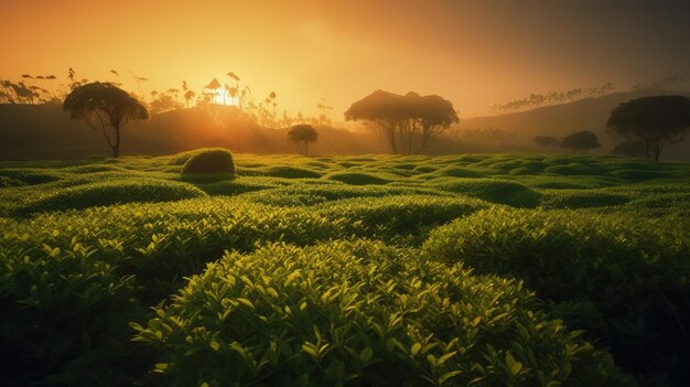 Beleza de campos de chá iluminados pelo sol em uma paisagem rural serena e tranquila generative ai