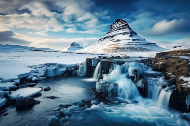 Beleza de inverno na Islândia Cachoeira Kirkjufellsfoss e marco majestoso da montanha deslumbrante