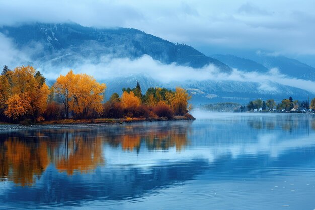 Foto beleza de outono de bonners ferry idaho calma aurora azul com céu nublado