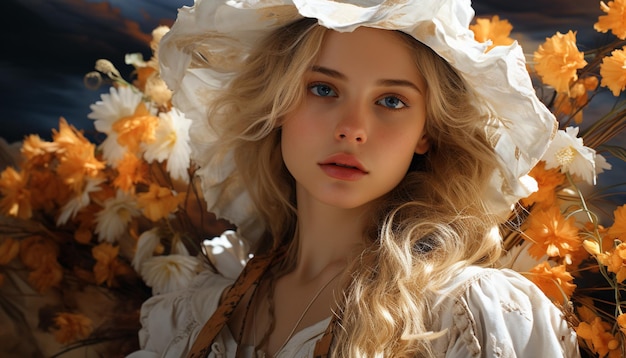 Beleza de outono Mulher caucasiana cabelo loiro sorrindo olhando para a câmera gerada pela inteligência artificial