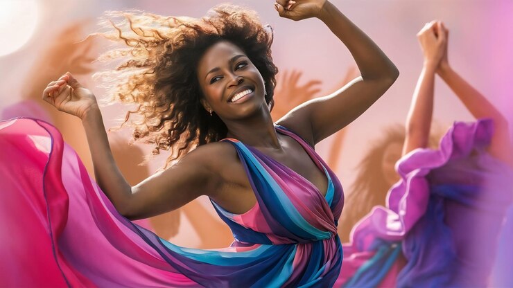 Foto beleza de raça mista mulher afro-americana com o cabelo soprado no ar sorrindo para a câmera dançando soft foc