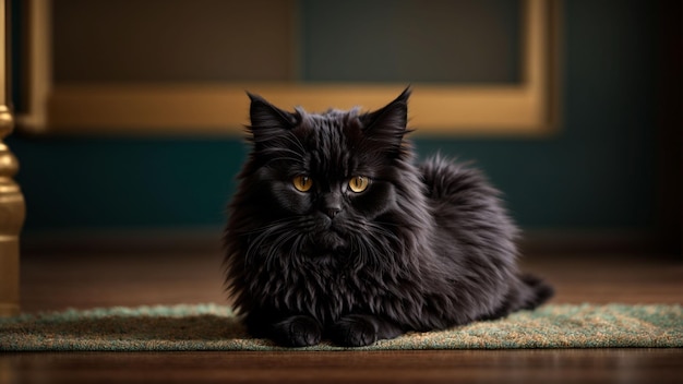 Beleza de um gato persa preto brincando em um chão impecável com um fundo de cor sólida mostrar o