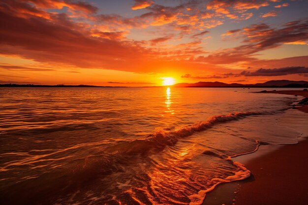 beleza de um pôr do sol dourado em uma praia tranquila com cores quentes refletidas nas águas calmas geradas
