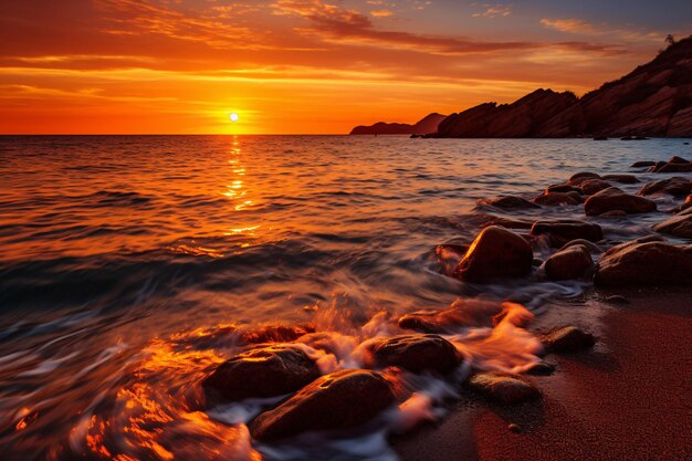 beleza de um pôr do sol dourado em uma praia tranquila com cores quentes refletidas nas águas calmas geradas