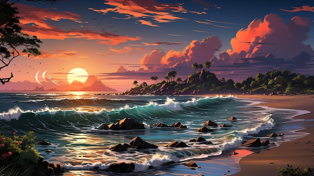 Beleza do pôr do sol à beira-mar