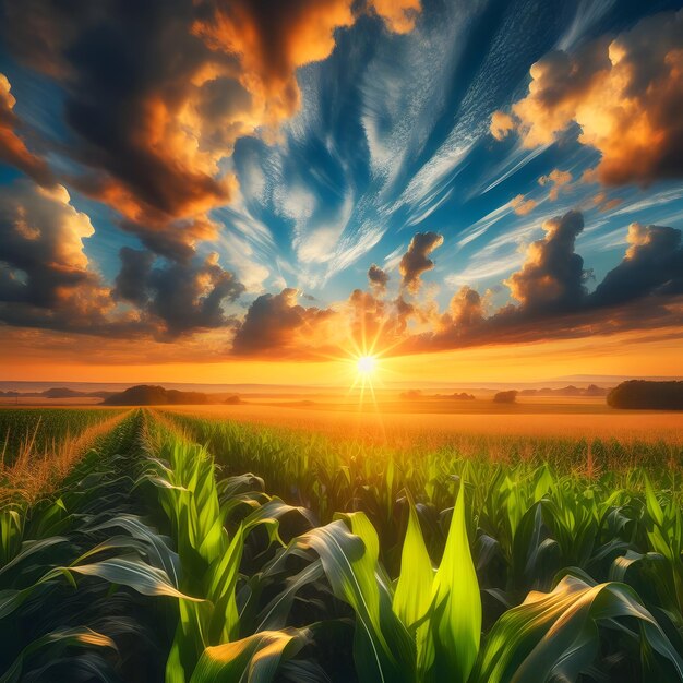 beleza do pôr-do-sol sobre o campo de milho com céu azul e nuvens paisagem fundo agrícola