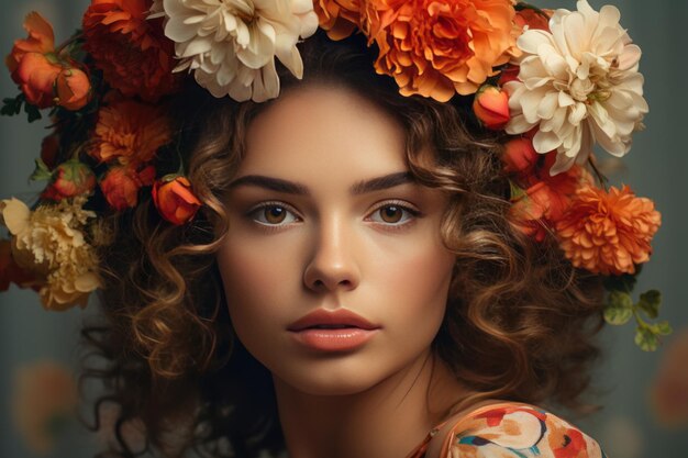 Beleza em floração Um retrato em close-up de uma mulher adornada com uma faixa floral Ratio de aspecto 32