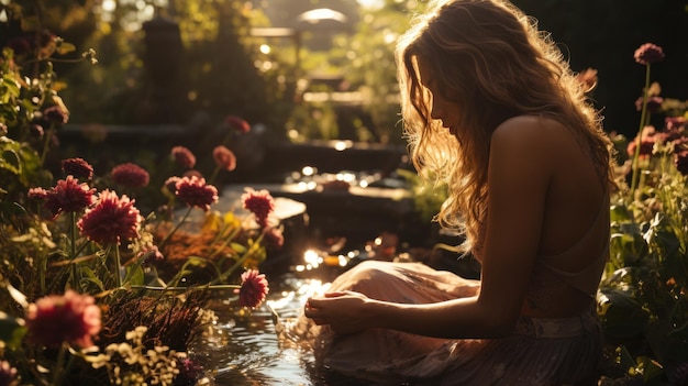 Beleza encantadora da primavera Jovem mulher em meio a um campo cheio de flores IA generativa