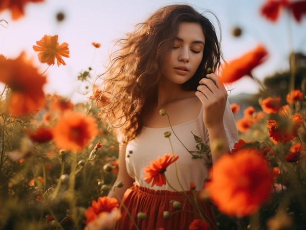 Beleza encantadora da primavera Jovem mulher em meio a um campo cheio de flores IA generativa