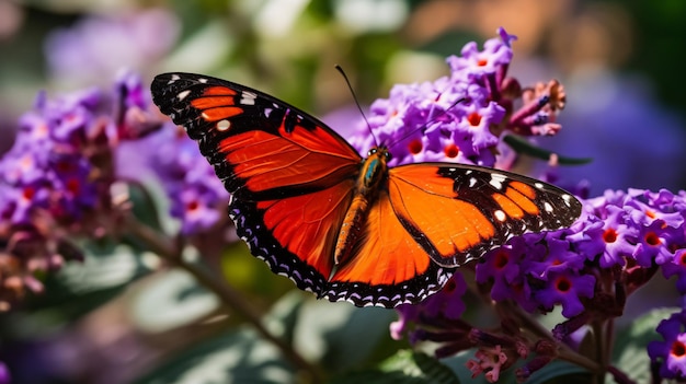 Beleza esvoaçante Uma borboleta majestosa empoleirada em uma flor delicada GenerativeAI