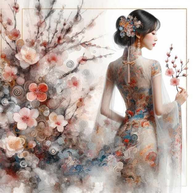 Beleza etérea em meio a plumas em flor com uma garota chinesa com IA generativa