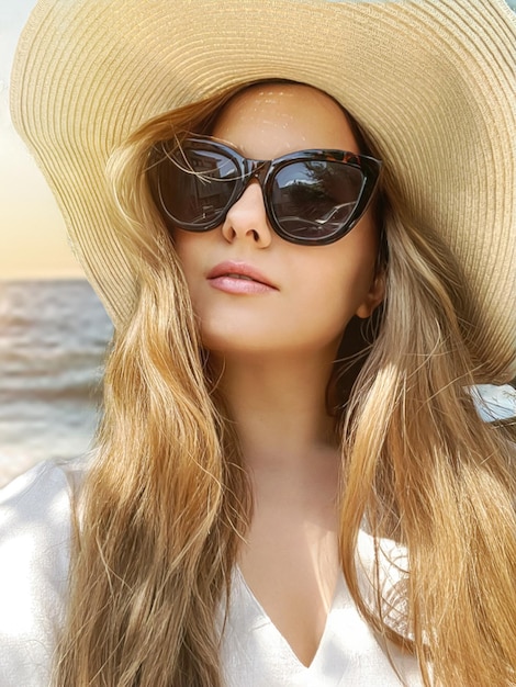Beleza férias de verão e moda rosto retrato de mulher feliz usando chapéu e óculos de sol pelo mar para protetor solar spf cosméticos e praia estilo de vida olhar idéia