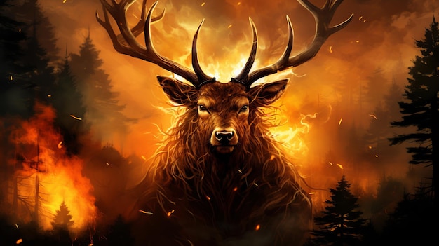 Beleza flamejante Cervo majestoso fica destemido em meio ao cenário ardente de um incêndio florestal furioso