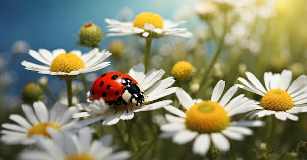 Beleza floral Ladybug em fundo de primavera de camomila