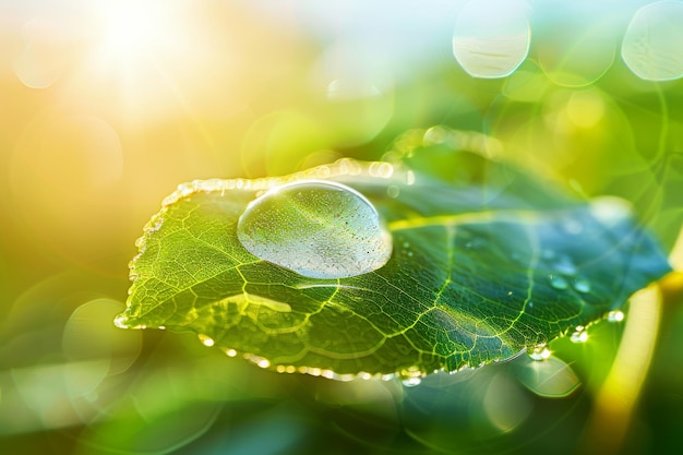 Beleza gota transparente de água em uma folha verde macro com brilho do sol bela imagem artística de e