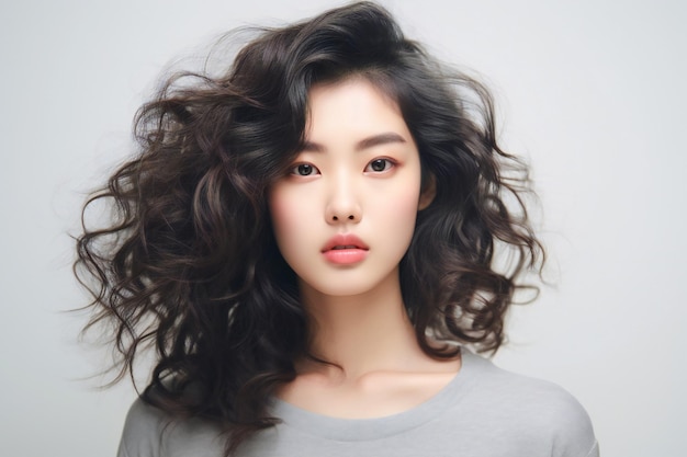 Beleza jovem chinesa com cabelo estilo anos 80 em fundo branco macio