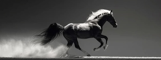 Beleza minimalista Cavalo branco e preto a galopar com sombra artística