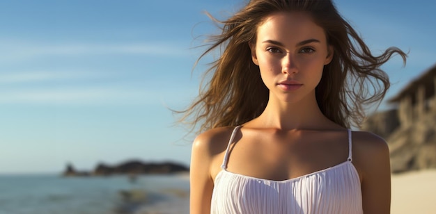 beleza mulher atraente com vestido branco na praia