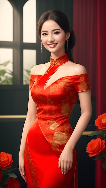 beleza mulher vestindo vermelho cheongsam feliz sorrindo imagens com ai gerado