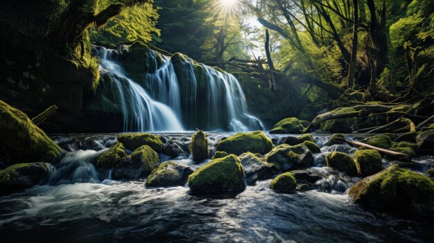 Beleza natural de cascata em cascata com área de texto inferior