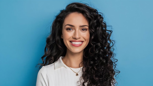 Foto beleza negra de raça mista mulher afro-americana com cabelos compridos e rizados e sorriso perfeito olhando para ca