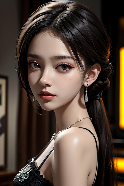 Beleza oriental delicadas características faciais jovem linda usando vestido de noite corpo quente