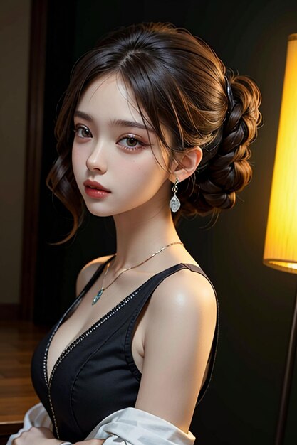 Beleza oriental delicadas características faciais jovem linda usando vestido de noite corpo quente