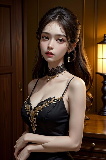 Beleza oriental delicadas características faciais jovem linda usando vestido de noite corpo quente