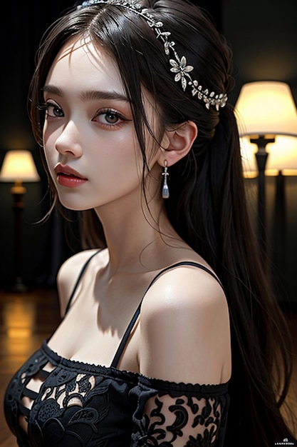 Beleza oriental delicadas características faciais jovem linda usando vestido de noite corpo quente