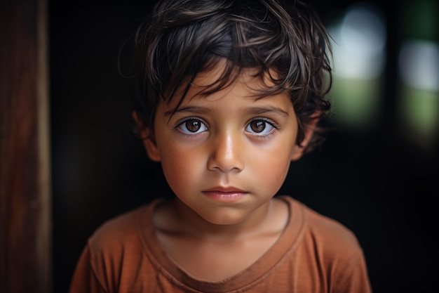 Beleza pobre menino latino olhando para a câmera de pé ao ar livre