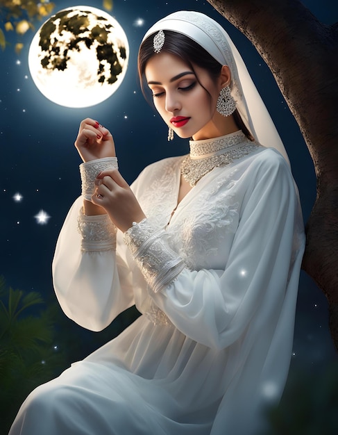 Beleza radiante Mulher paquistanesa abraçando a serenidade à luz da lua