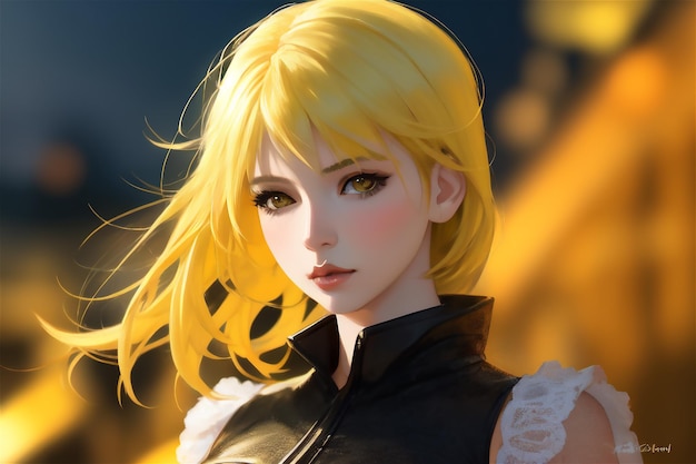 Beleza realista Mulher cabelo amarelo fundo desfocado samurai