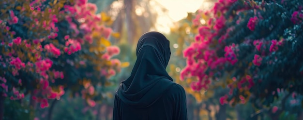 Beleza serena Mulher muçulmana de pé em uma floresta de árvores de flores rosas