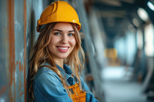 beleza sorridente feliz engenheiro profissional com capacete na fábrica