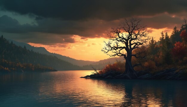 Beleza tranquila uma paisagem pitoresca com um lago cercado por colinas onduladas e árvores exuberantes ao pôr do sol criando um reflexo de tirar o fôlego do esplendor da natureza.