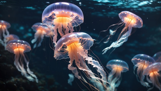 Beleza translúcida A dança da água-viva brilhante