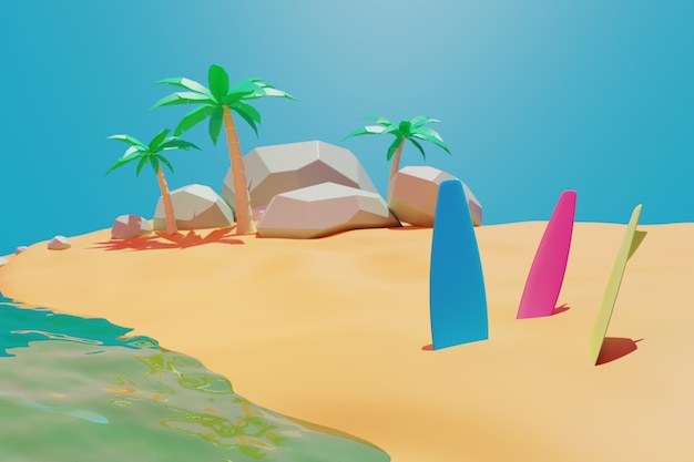 Foto beleza verão praia, prancha de surf, areia, palmeira, animação de fundo, renderização em 3d